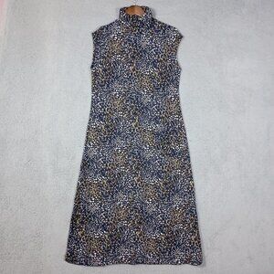 Garnet Hill Dress Women Medium Blue Animal Print Maxi Mock Neck Sleeveless